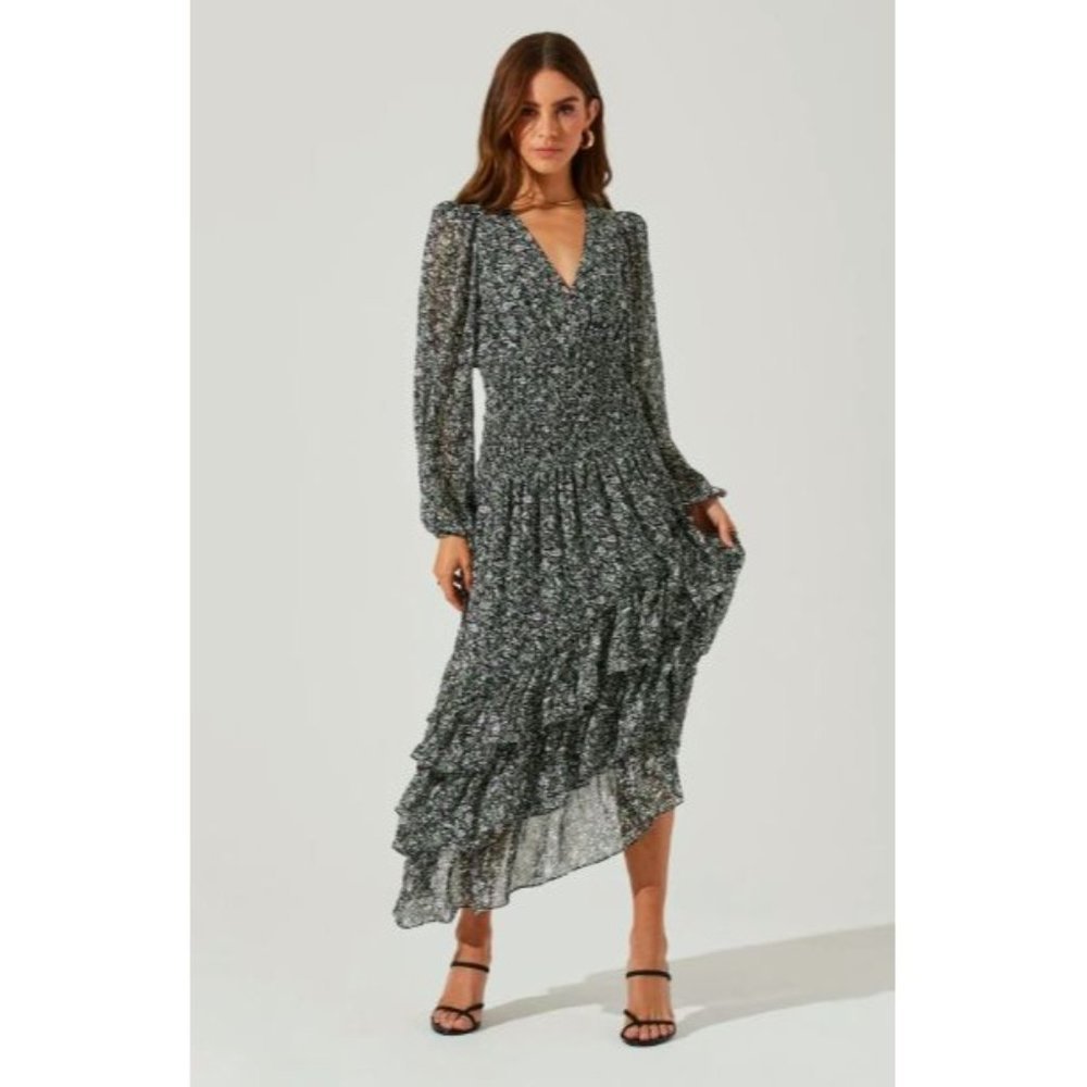 ASTR The Label Long Sleeve V neck Ruffle Asymmetrical Dress XS Women Black